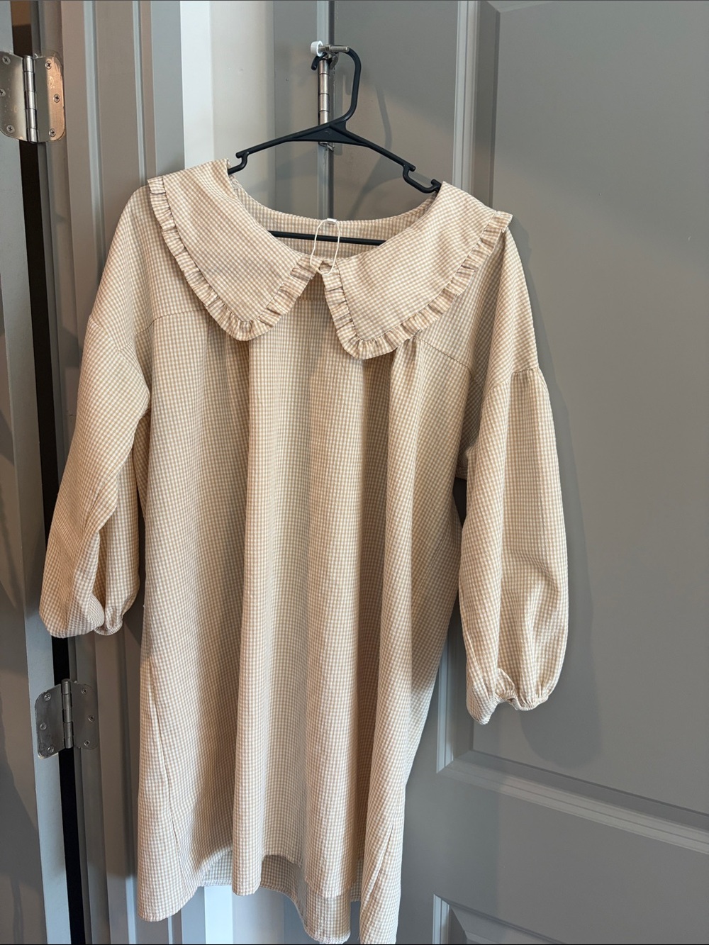 Womens Cream Gingham Dress with Ruffle Collar